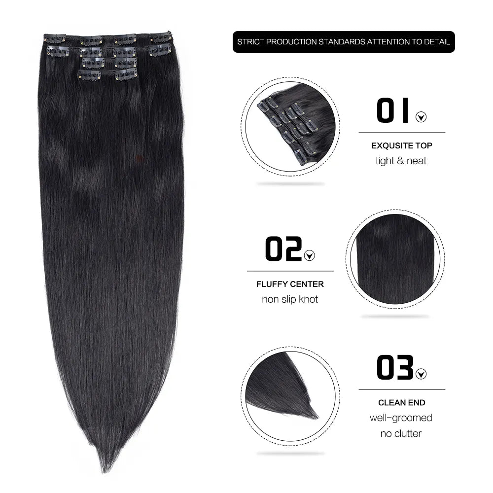 Set of 7 Clip-in Hair Extensions - Straight Black