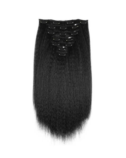 Set of 7 Clip-in Hair Extensions - Kinky Straight/Yaki Black