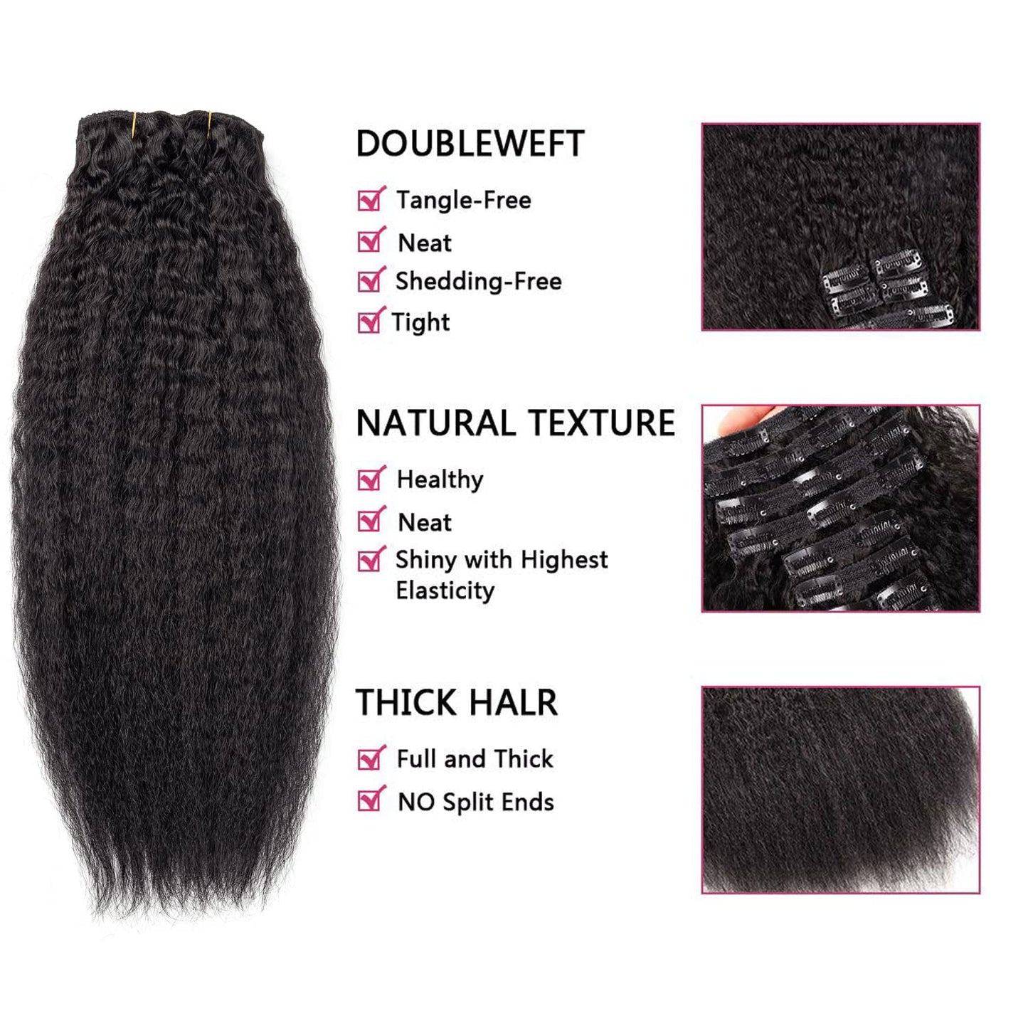Set of 7 Clip-in Hair Extensions - Kinky Straight/Yaki Black