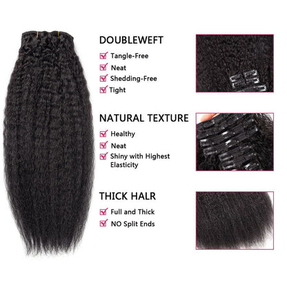 Set of 7 Clip-in Hair Extensions - Kinky Straight/Yaki Black
