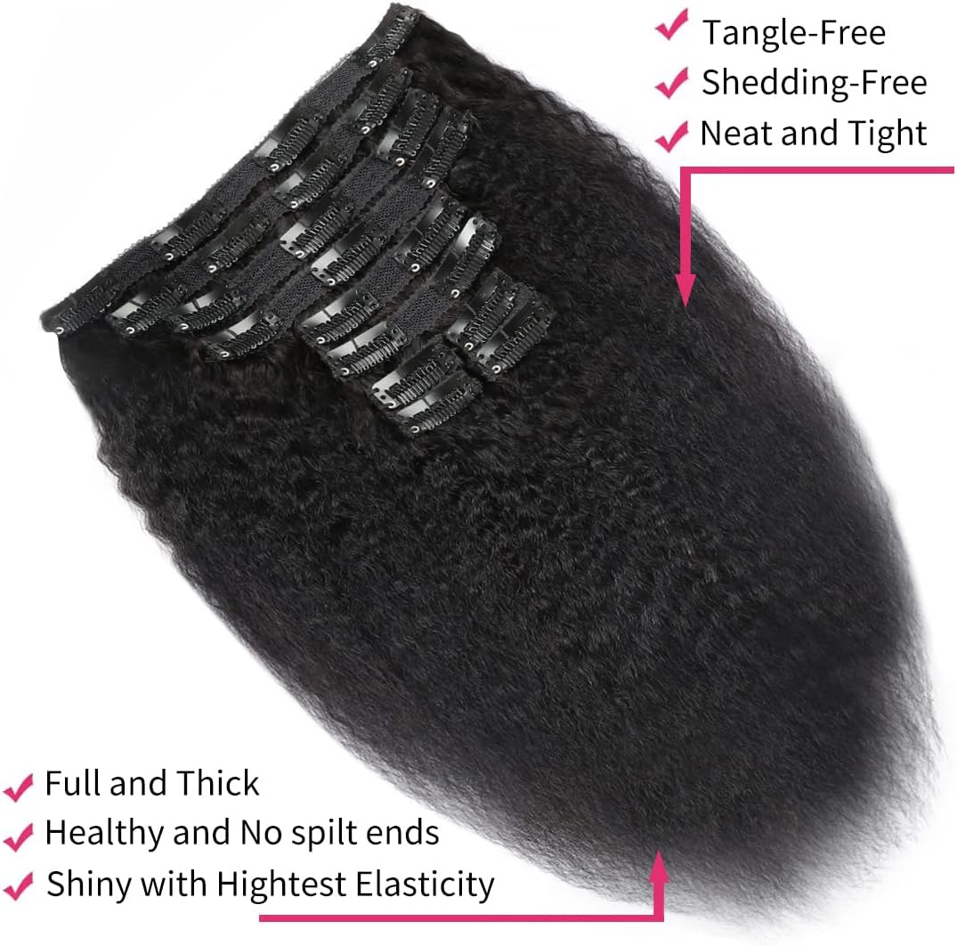 Set of 7 Clip-in Hair Extensions - Kinky Straight/Yaki Black
