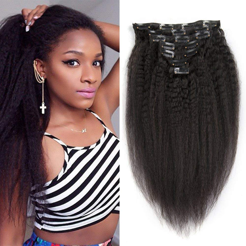 Set of 7 Clip-in Hair Extensions - Kinky Straight/Yaki Black